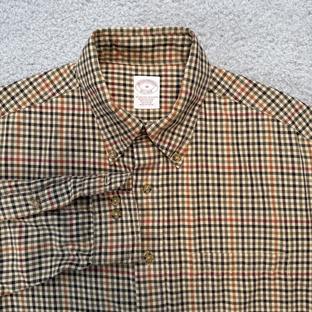 Brooks Brothers Flannel Shirt Mens Medium Tan Plaid Cotton Wool Blend Original